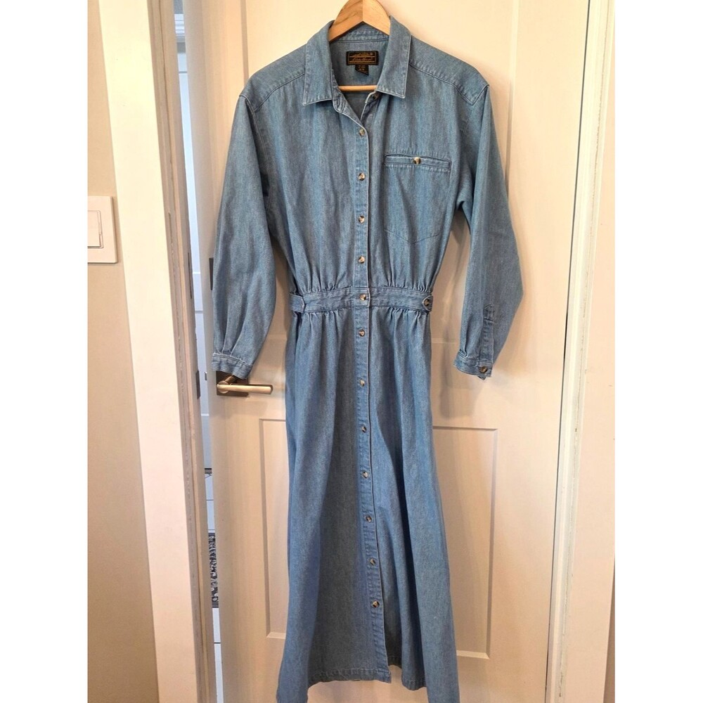 Eddie Bauer Prairie Style Denim Shirt Dress Western Chambray Midi Button Front M
